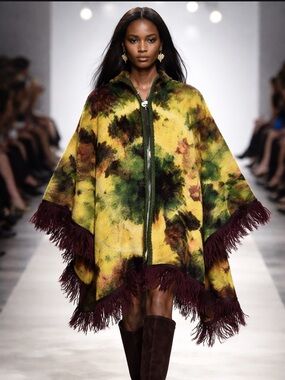 🌹Vintage Real Wool Tie Die Multicolour Hooded Cape with Fringe